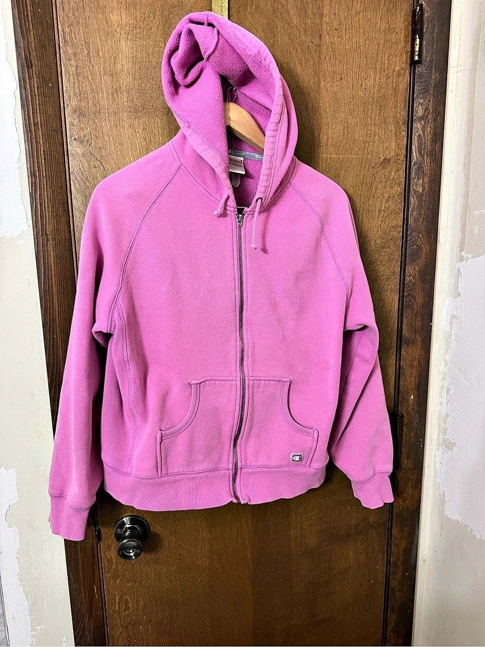 Champion Zip-Up Hoodie Pink Large vintage cotton blend